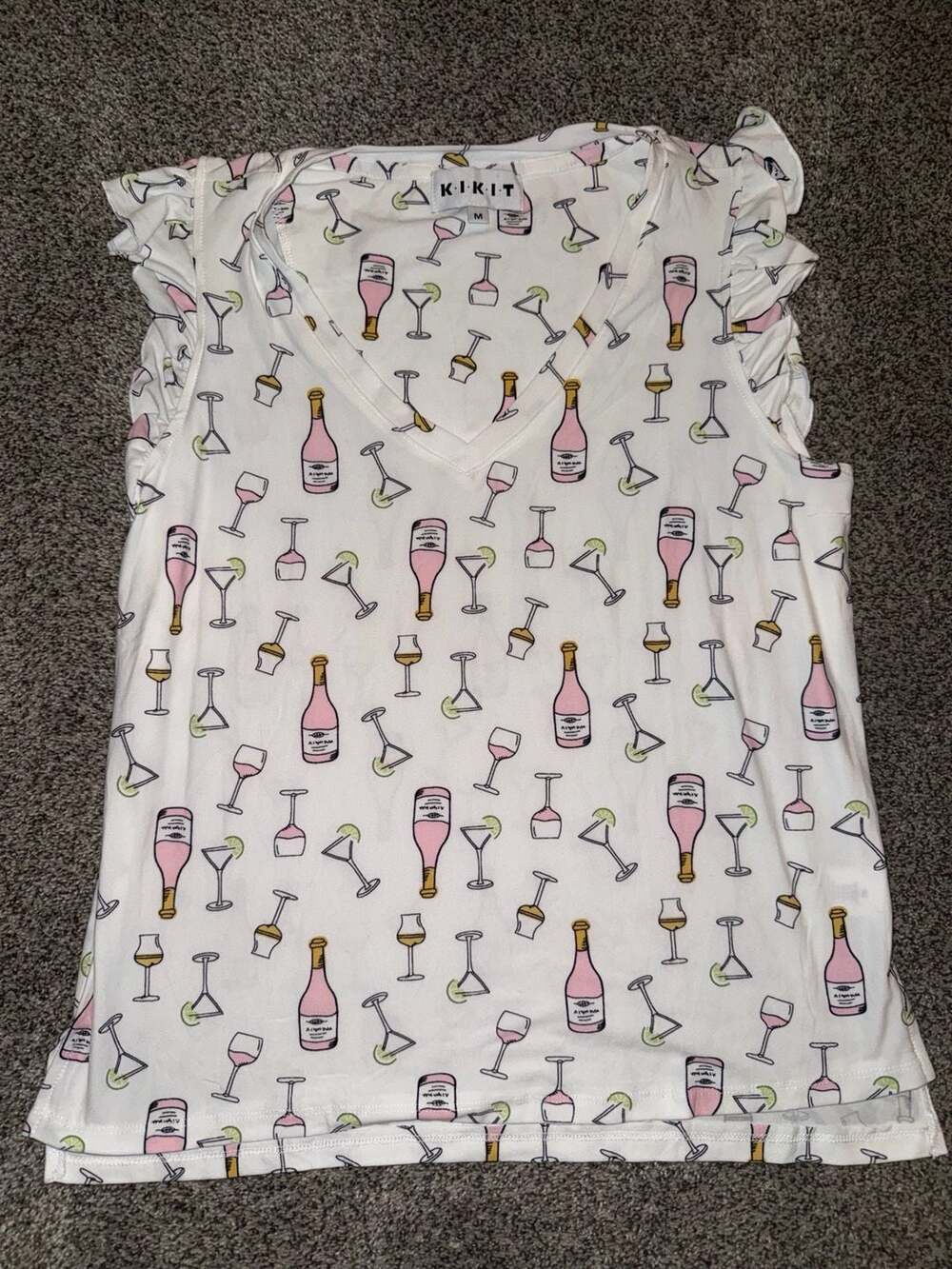 KIKIT Women's White Wine Bottle and Glass Print V-Neck Ruffle Sleeves Tank Top S